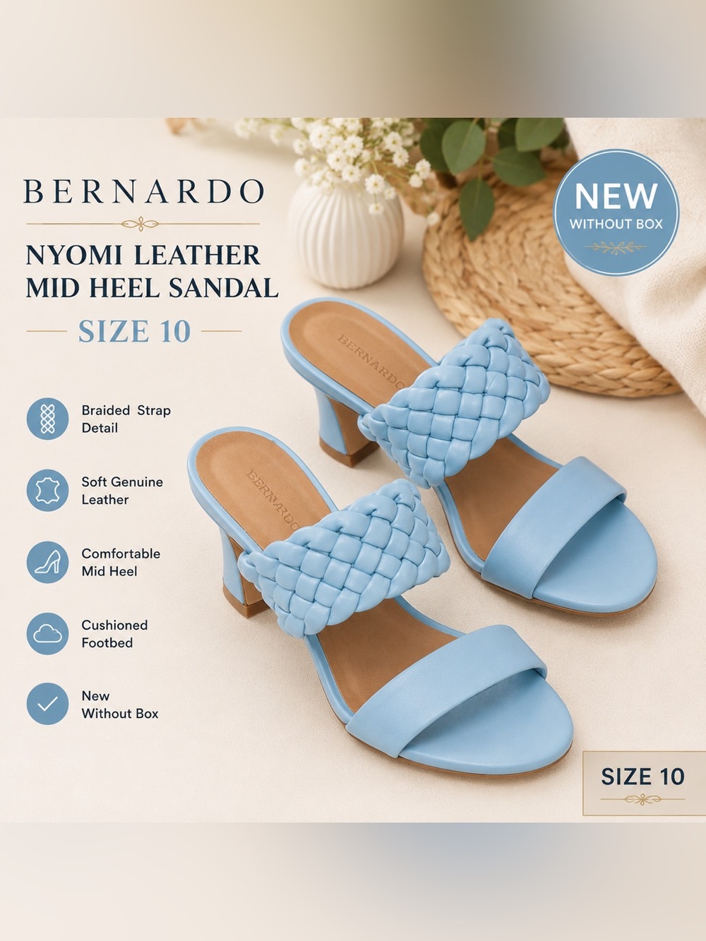 NWOB BERNARDO Nyomi Leather Mid Heel Sandal, Size 10